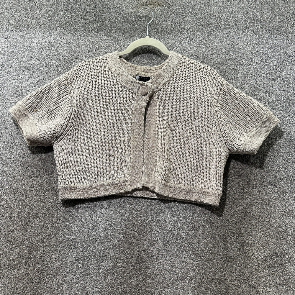 Carole Little Womens Large Beige Cotton Short Sleeve Cropped Cardigan Shrug